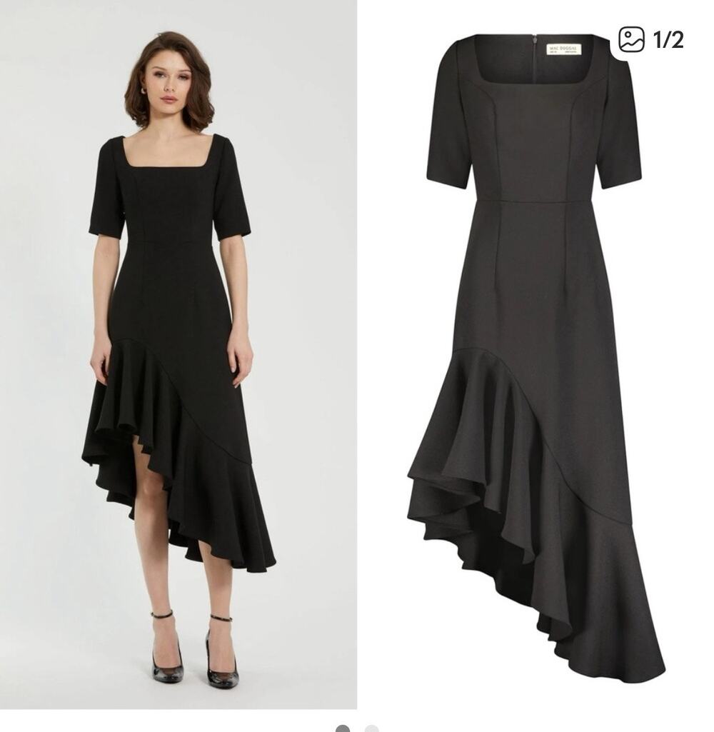 MAC DUGGAL Black 21019 Crepe 3/4 Sleeve Asymmetrical Hem Dress NWT size 8